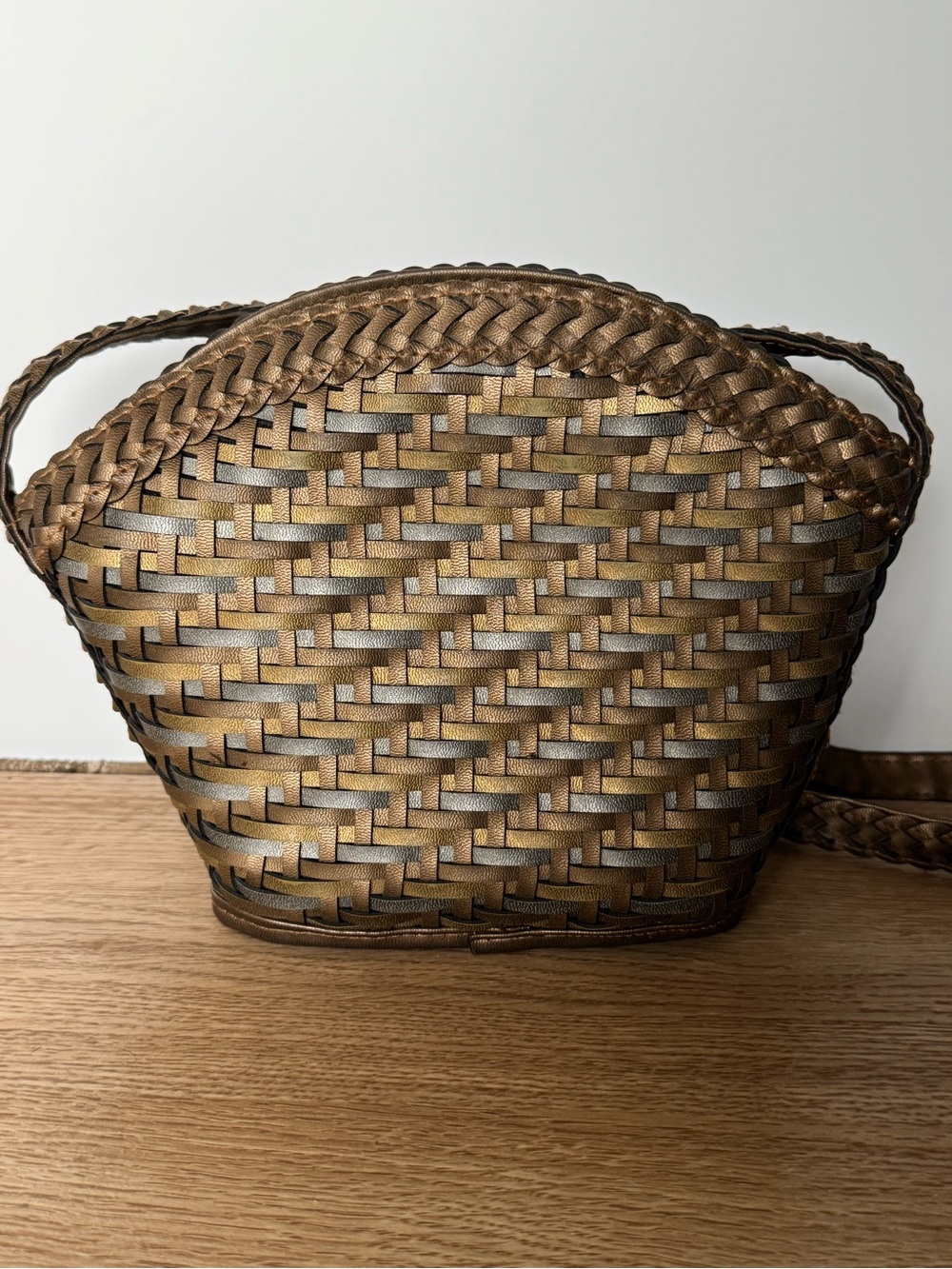 Vintage Leather Braided Metallic Bronze Crossbody Bag